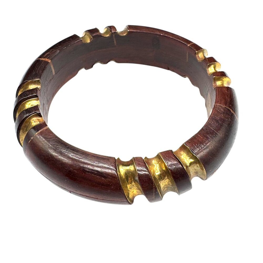 Vintage Carved Wooden Bracelet Bangle Gold Accents